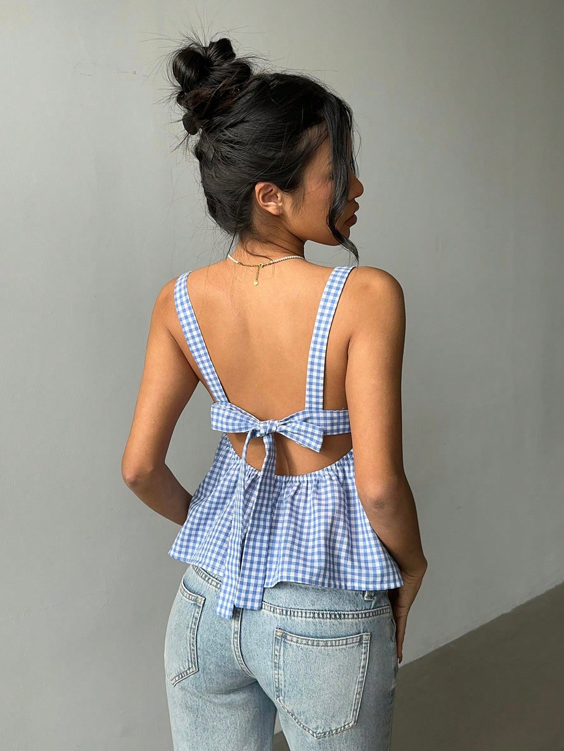 Blue Gingham Back Tie Peplum Cami Top for Women