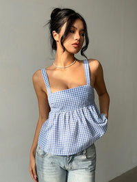 Blue Gingham Back Tie Peplum Cami Top for Women