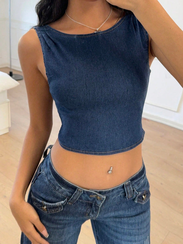 Dark Wash Denim Bow Back Crop Top for Women