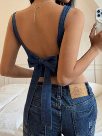 Dark Wash Denim Bow Back Crop Top for Women