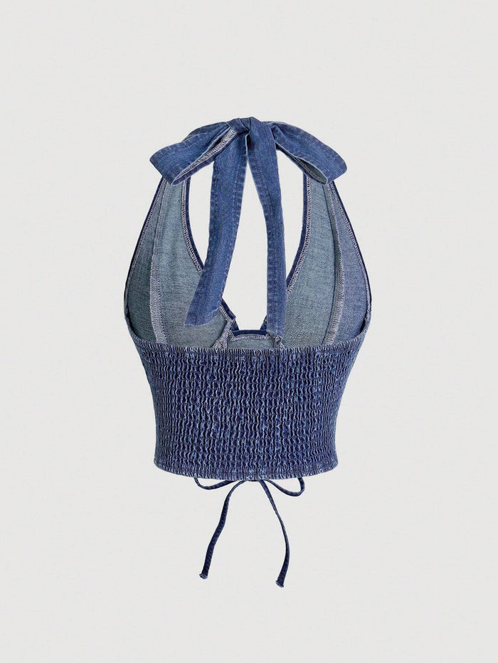 Dark Wash Denim Lace-Up Halter Crop Top for Women