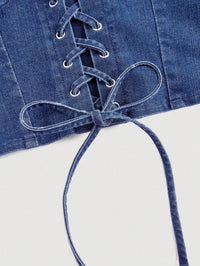 Dark Wash Denim Lace-Up Halter Crop Top for Women
