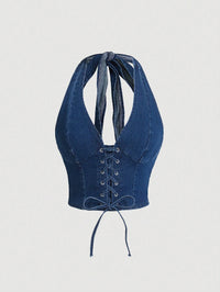 Dark Wash Denim Lace-Up Halter Crop Top for Women