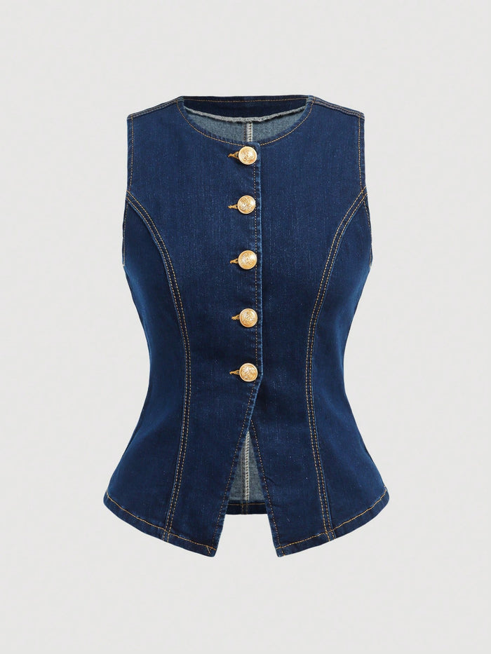 Dark Wash Denim Button Front Vest Top for Women