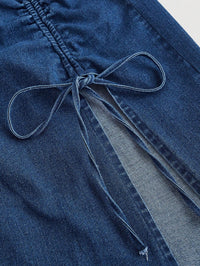 Dark Wash Denim Ruched Midi Skirt for Women