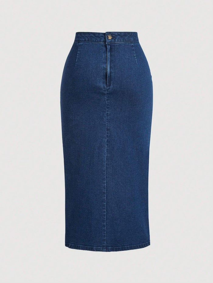 Dark Wash Denim Ruched Midi Skirt for Women