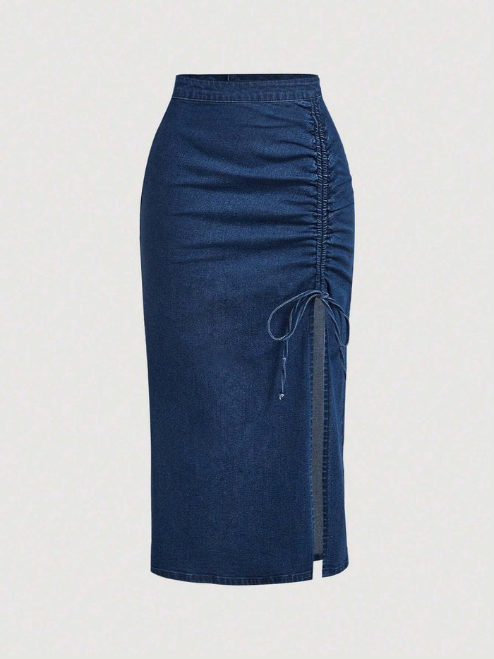 Dark Wash Denim Ruched Midi Skirt for Women
