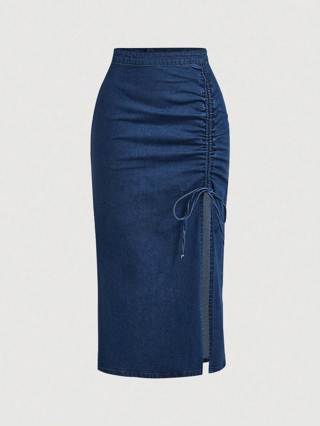 Dark Wash Denim Ruched Midi Skirt for Women