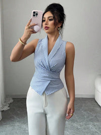 Blue & White Striped Wrap Top for Women – Sleeveless Collared Tie-Back Blouse