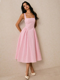 Pink Gingham Fit & Flare Midi Dress for Women – Square Neck Summer A-Line Dress