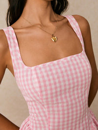 Pink Gingham Fit & Flare Midi Dress for Women – Square Neck Summer A-Line Dress
