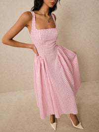 Pink Gingham Fit & Flare Midi Dress for Women – Square Neck Summer A-Line Dress