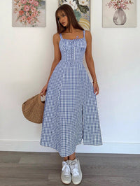 Blue Gingham Button Front Midi Dress for Women – Strappy Fit & Flare Summer Dress