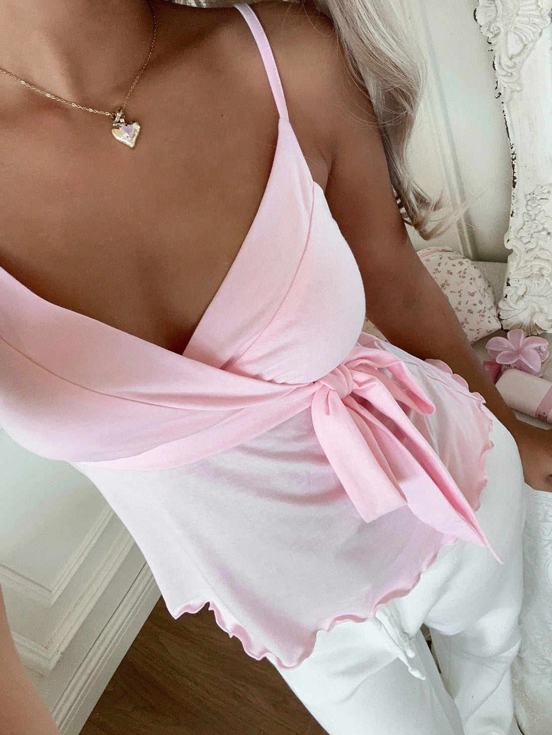 Blush Pink Wrap Cami Top for Women – Tie Waist Flared Hem Summer Tank