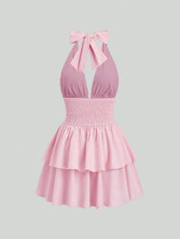 Baby Pink Halter Mini Dress for Women – Smocked Waist Tiered Flare Dress