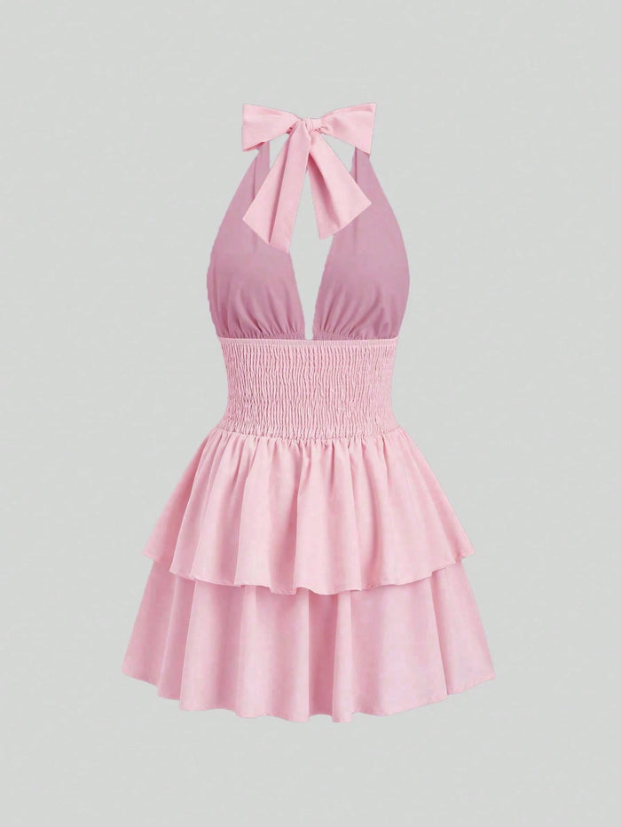 Baby Pink Halter Mini Dress for Women – Smocked Waist Tiered Flare Dress