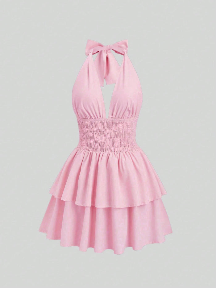 Baby Pink Halter Mini Dress for Women