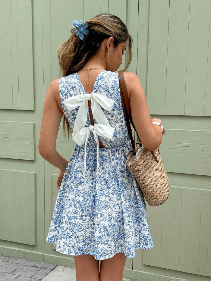 Blue Floral Bow-Back Mini Dress