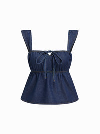 Square Neck Bowknot Shirred Crop Tank Top