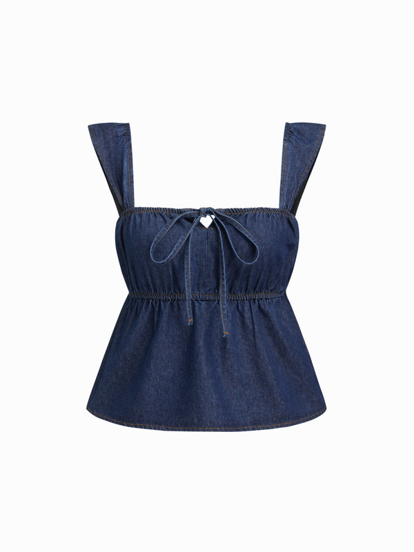 Square Neck Bowknot Shirred Crop Tank Top