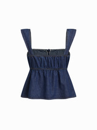 Square Neck Bowknot Shirred Crop Tank Top