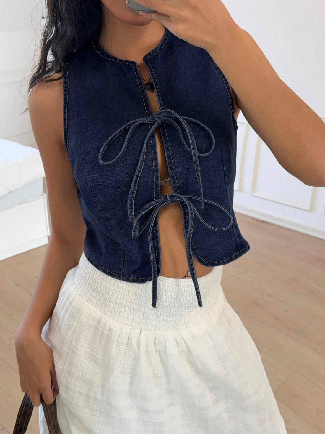 Denim Tie-Front Crop Top