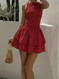 Women Red Polka Dot Smocked Mini Dress