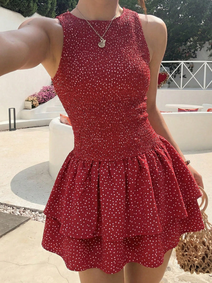 Women Red Polka Dot Smocked Mini Dress