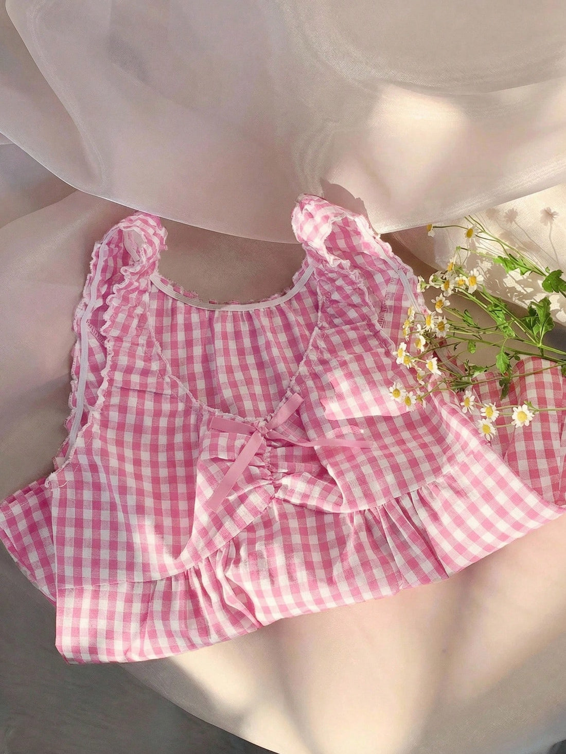 Pink Gingham Bow Babydoll Top