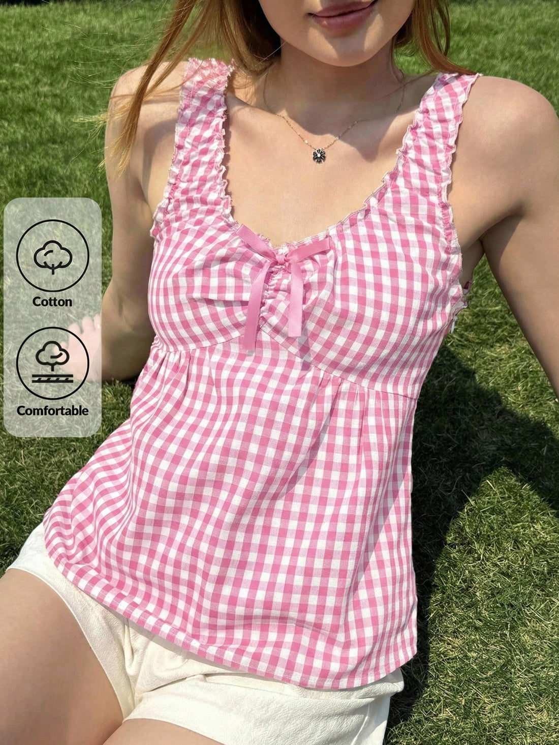 Pink Gingham Bow Babydoll Top