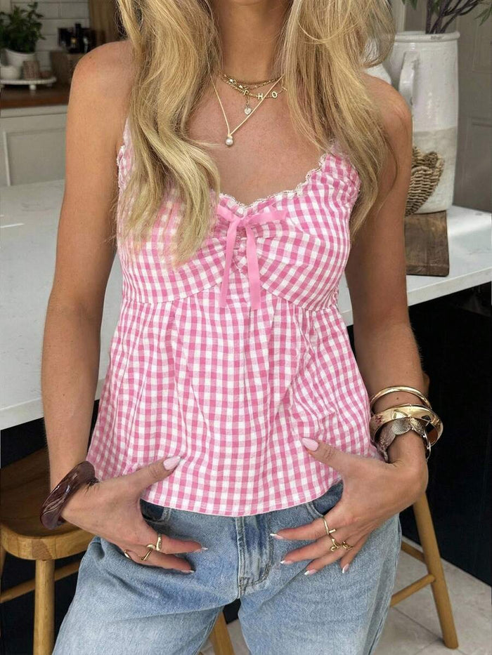 Pink Gingham Bow Babydoll Top