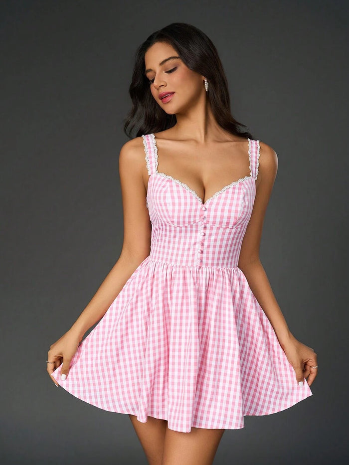 Pink Gingham Lace Bodycon Dress
