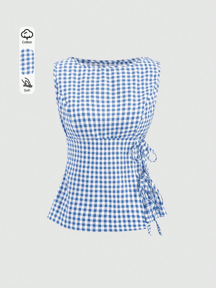 Plaid Sleeveless Tie-Up Top