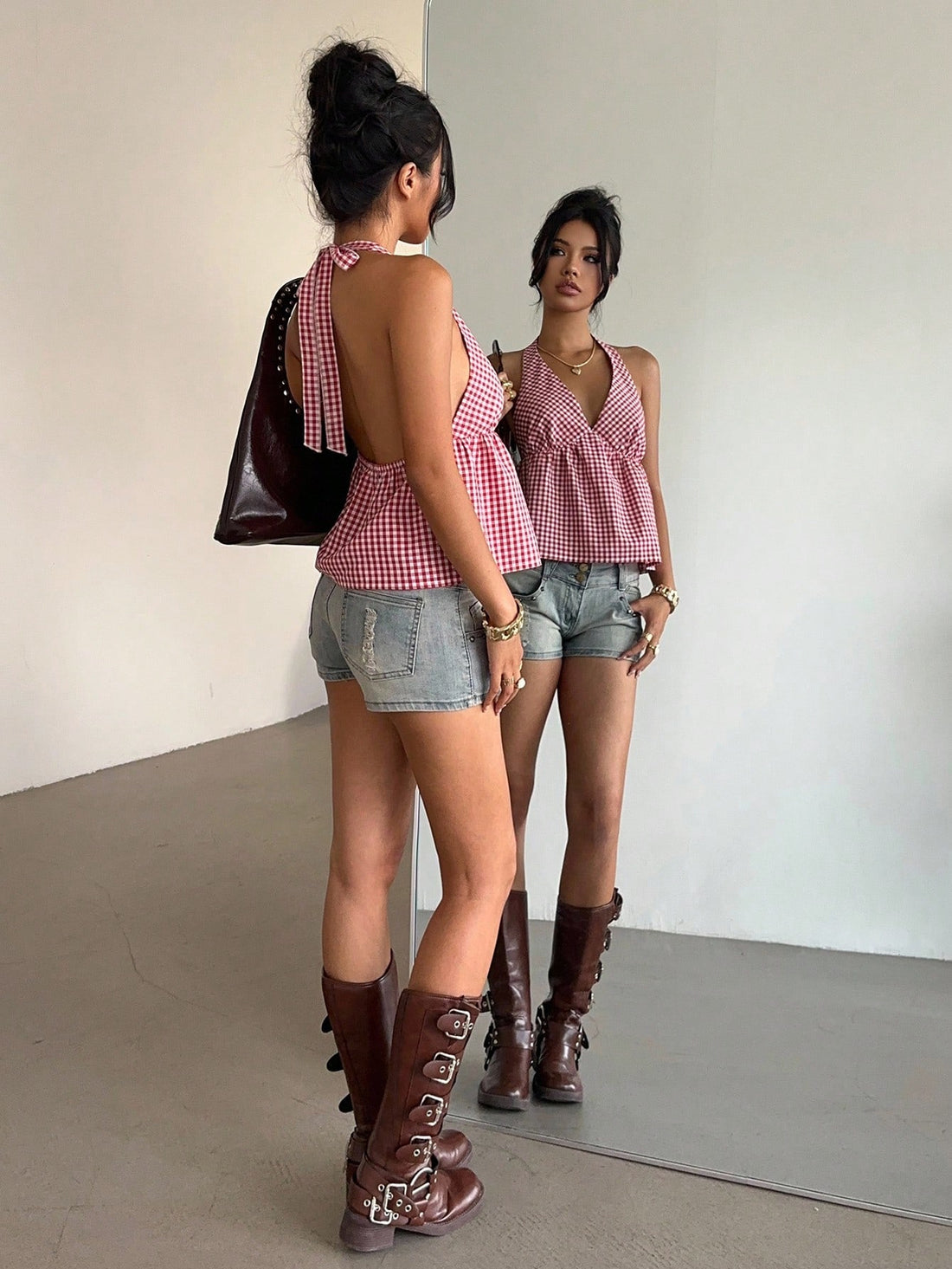 Red Plaid Halter Neck Top