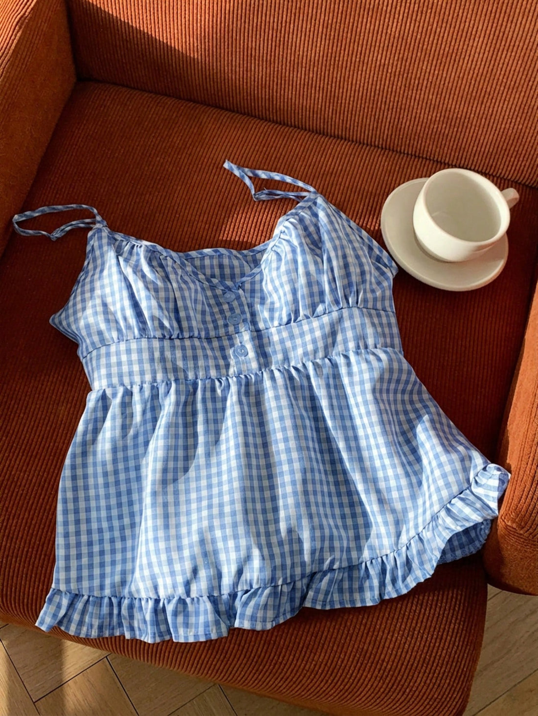 Blue Plaid Ruffle Strap Camisole Top