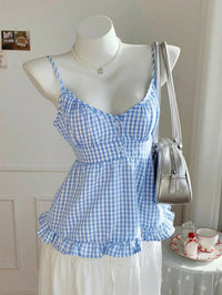 Blue Plaid Ruffle Strap Camisole Top