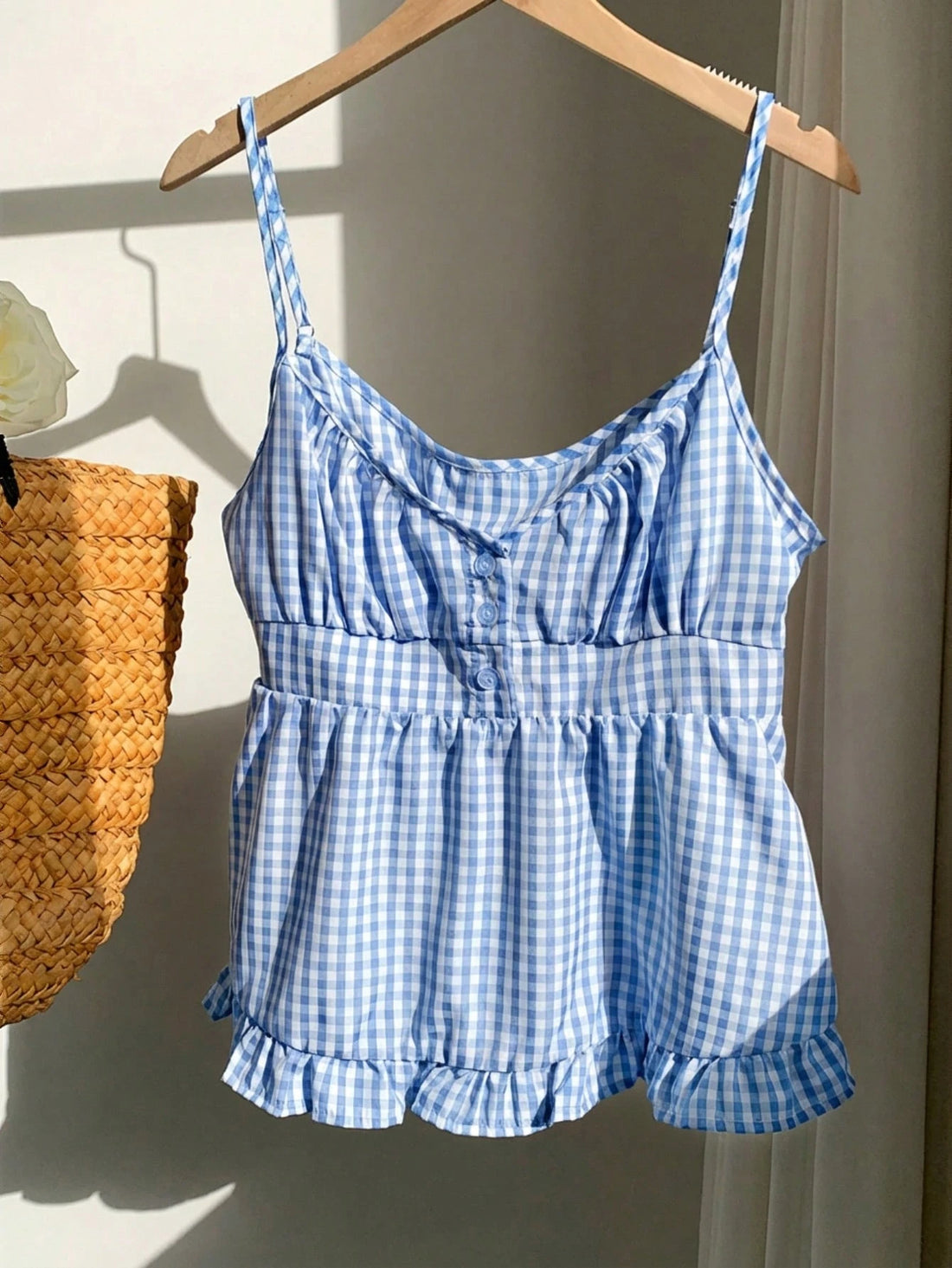 Blue Plaid Ruffle Strap Camisole Top