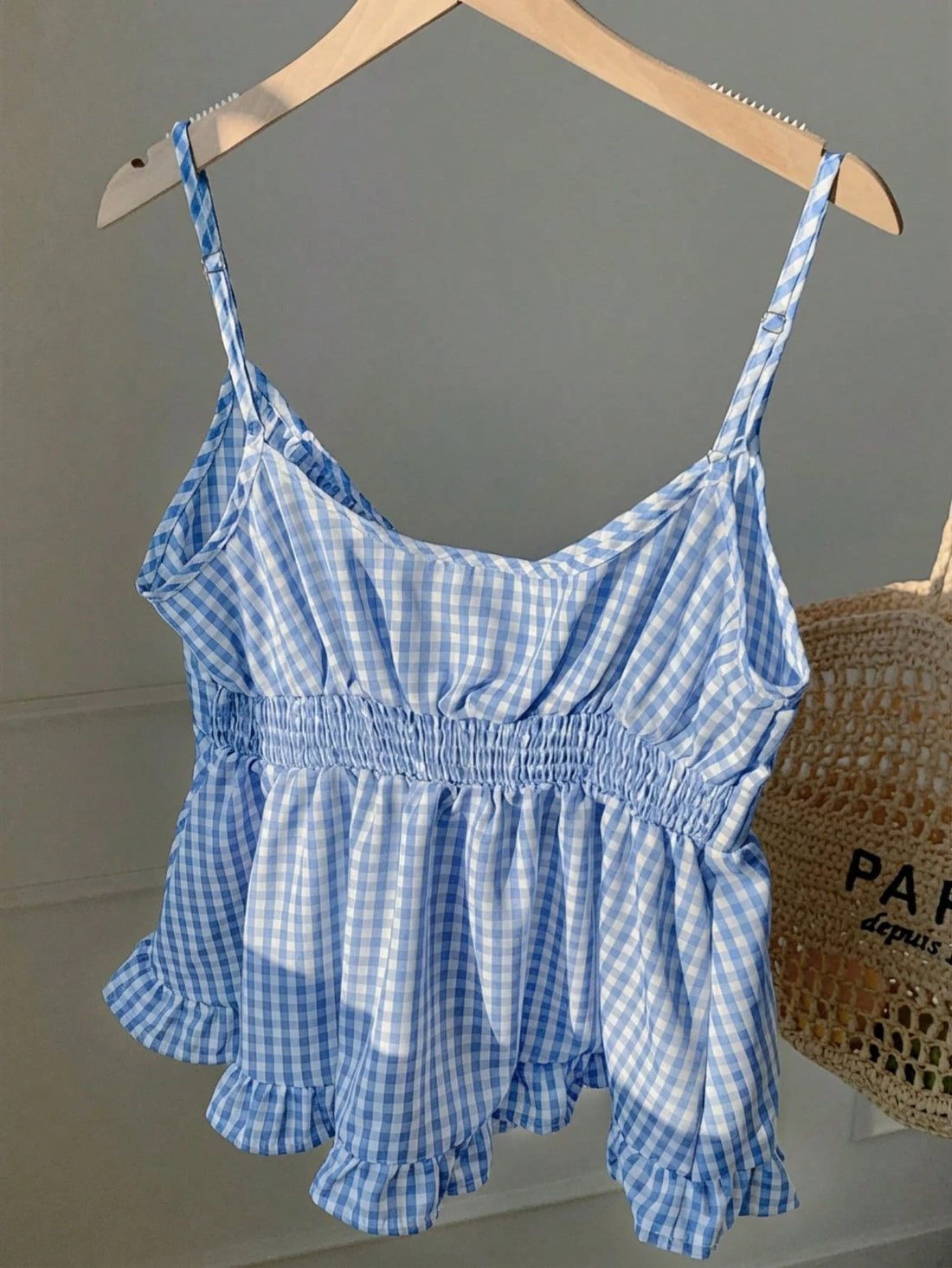 Blue Plaid Ruffle Strap Camisole Top