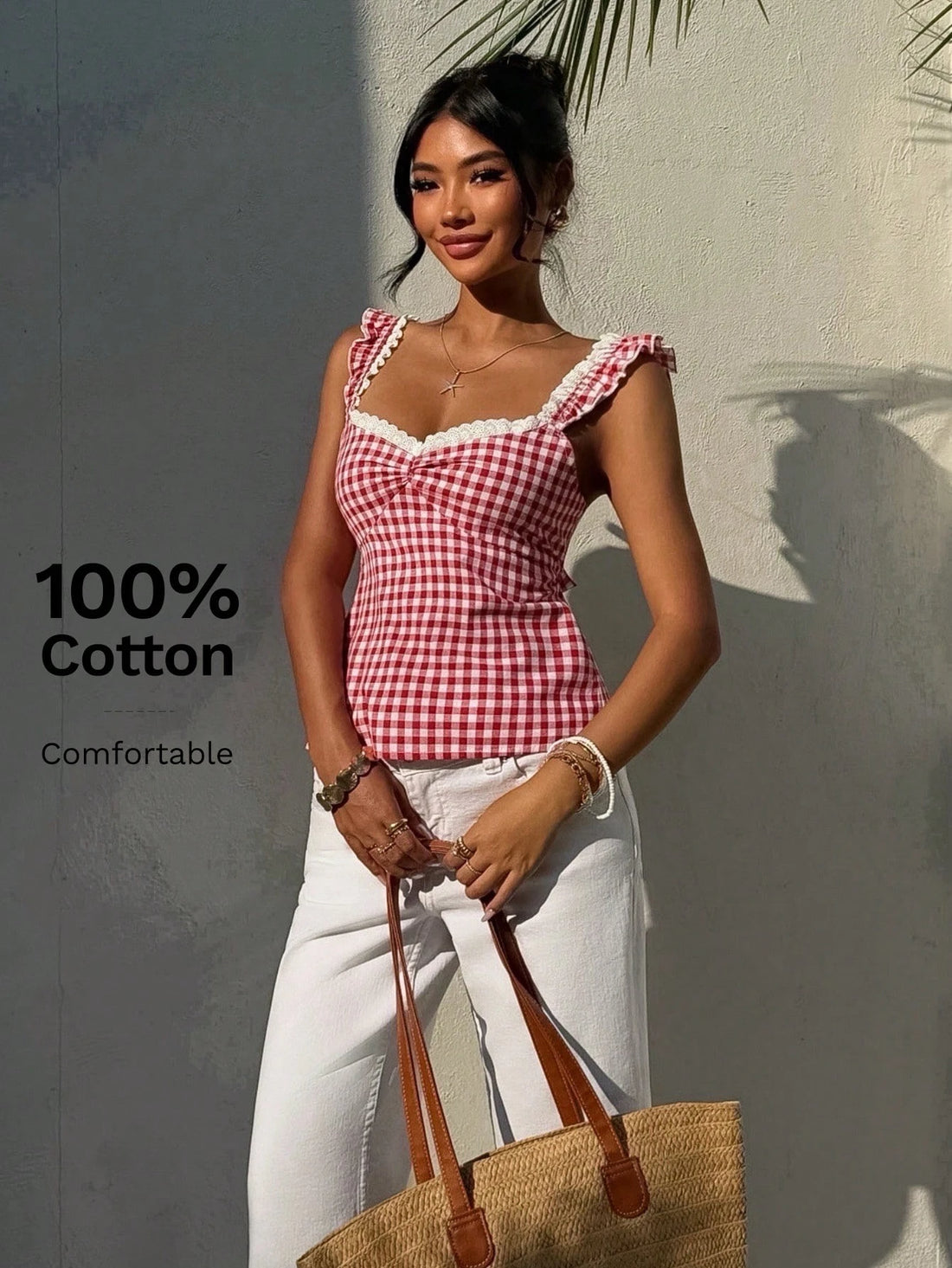 Gingham Lace Trim Cami Top