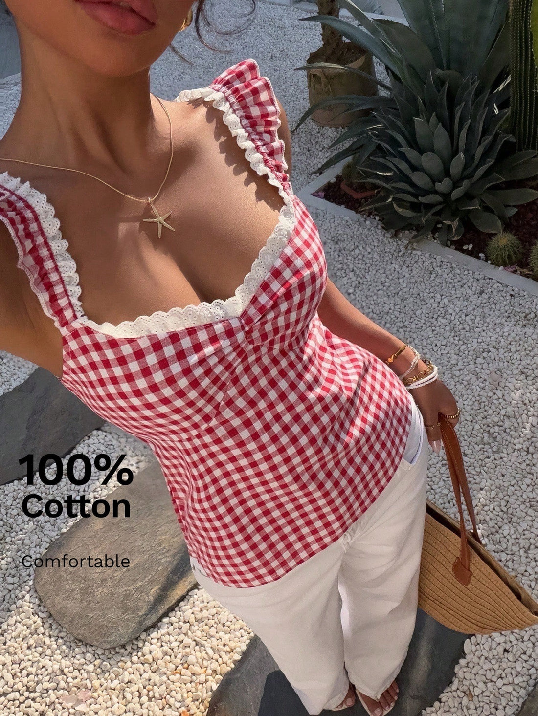 Gingham Lace Trim Cami Top