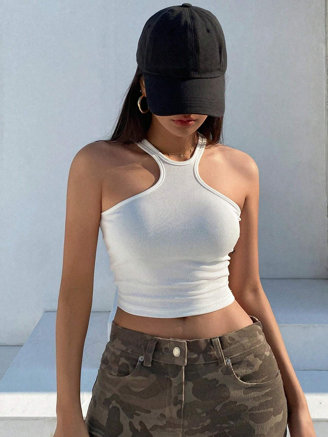 Classic White High Neck Racerback Ribbed Crop Top