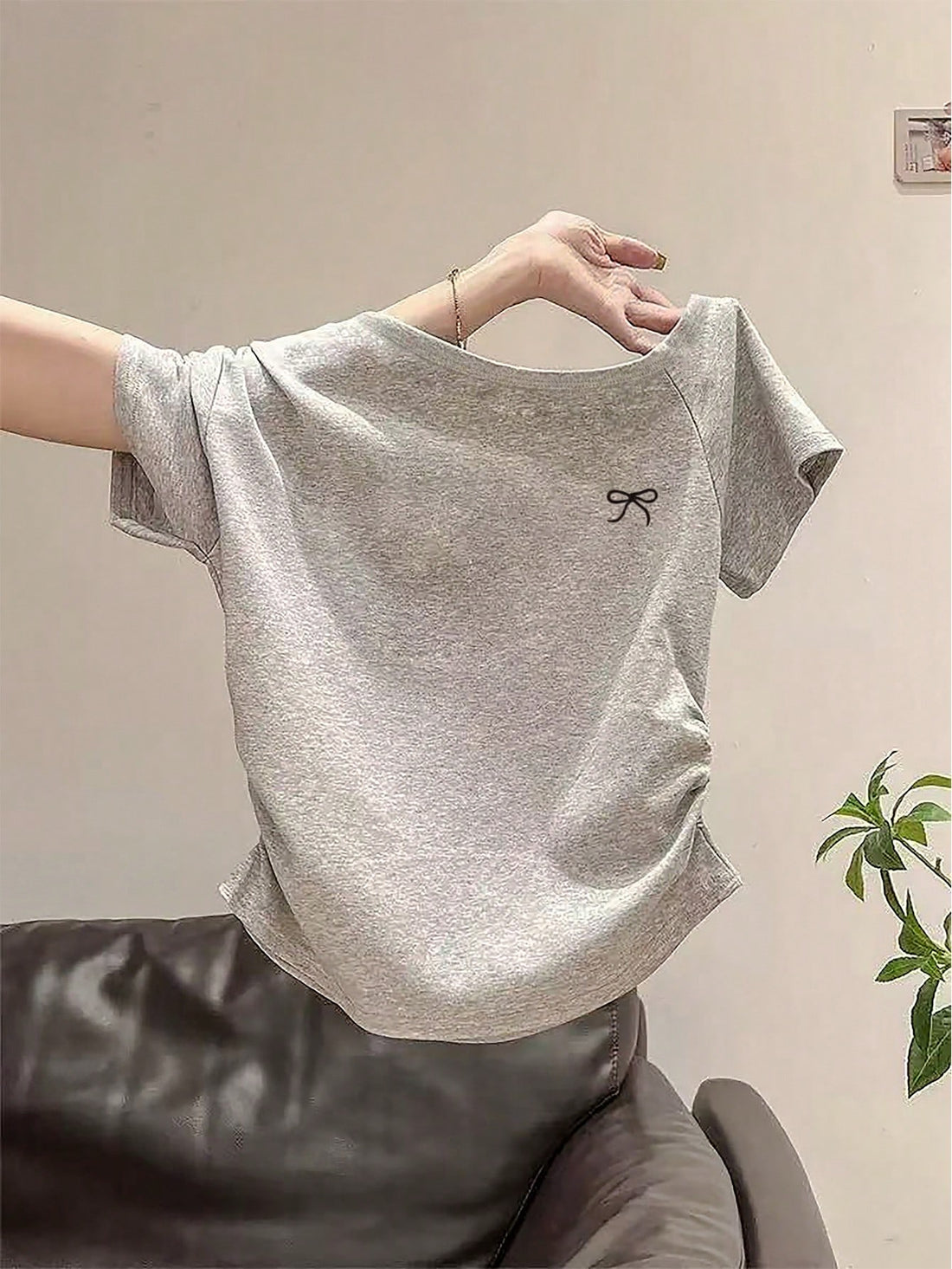 Soft Grey Bow Detail Relaxed Fit T-Shirt