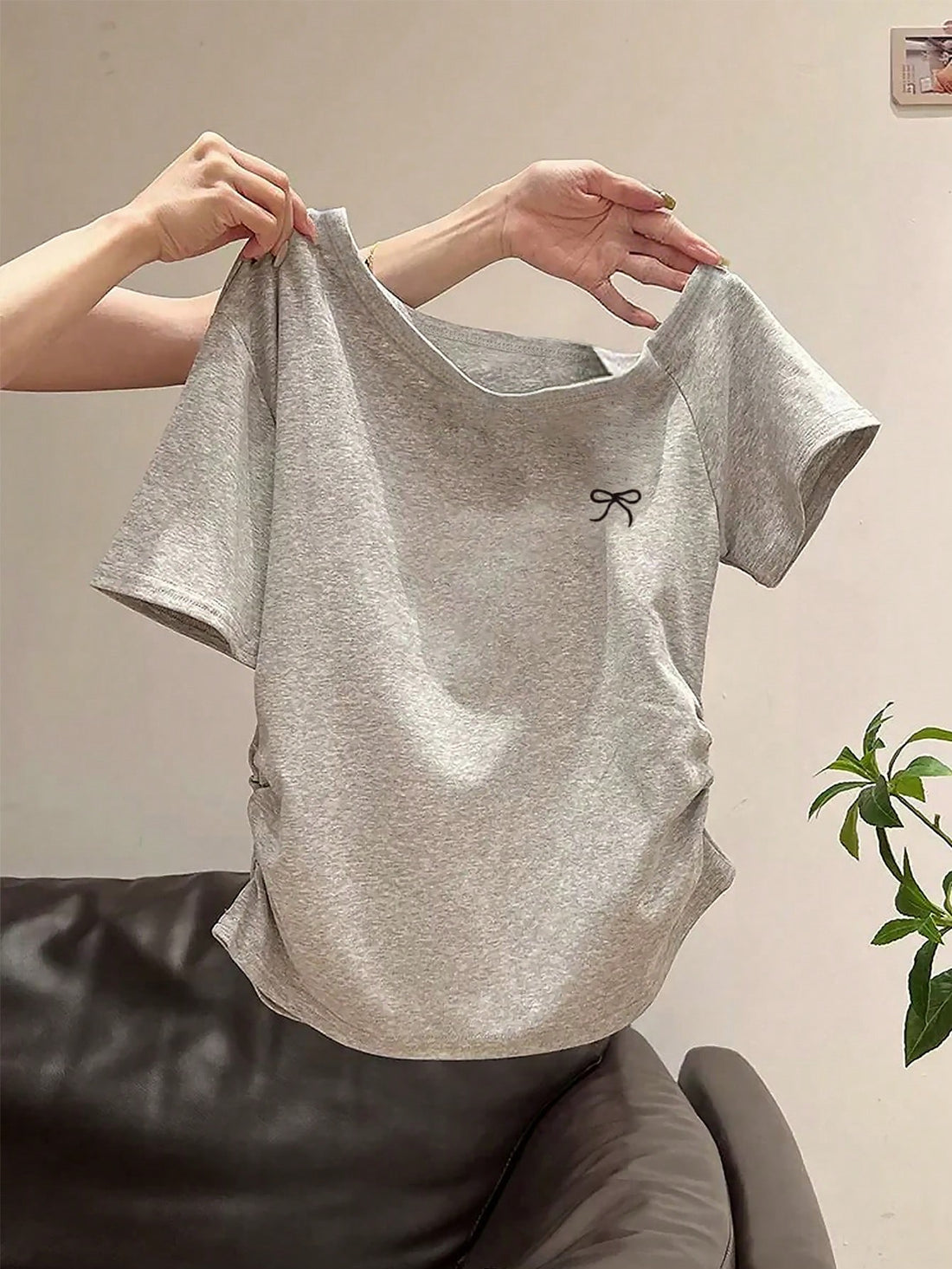 Soft Grey Bow Detail Relaxed Fit T-Shirt