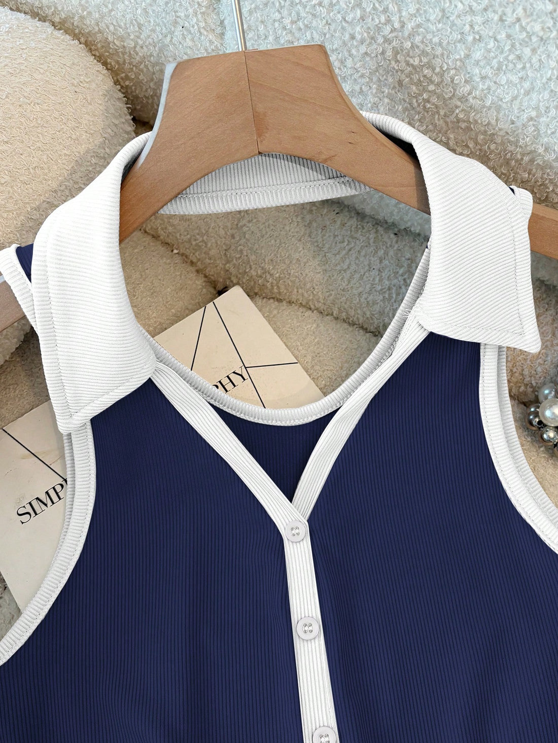 Navy Blue Contrast Collar Ribbed Sleeveless Crop Top