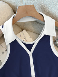 Navy Blue Contrast Collar Ribbed Sleeveless Crop Top