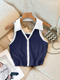 Navy Blue Contrast Collar Ribbed Sleeveless Crop Top