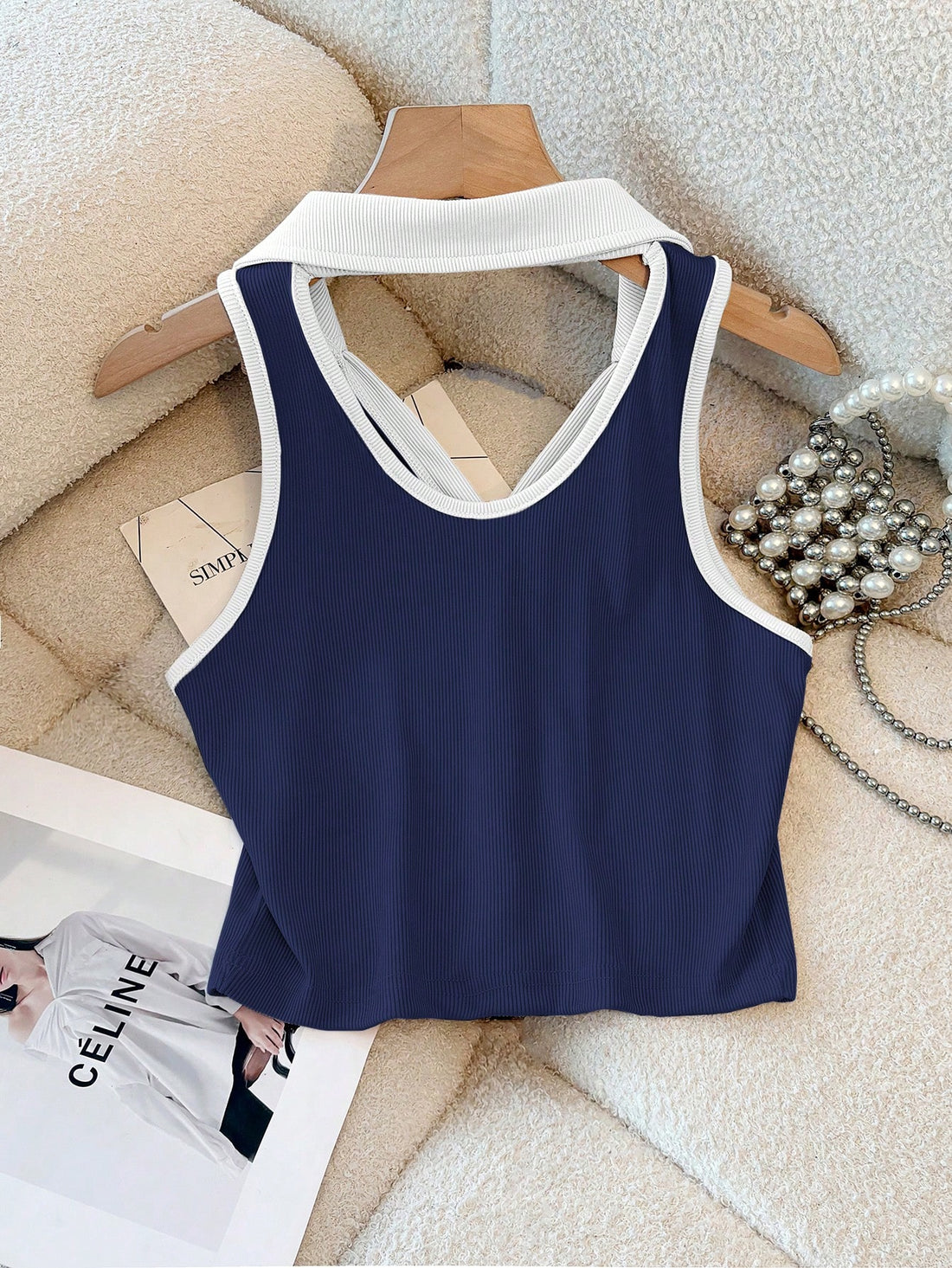Navy Blue Contrast Collar Ribbed Sleeveless Crop Top