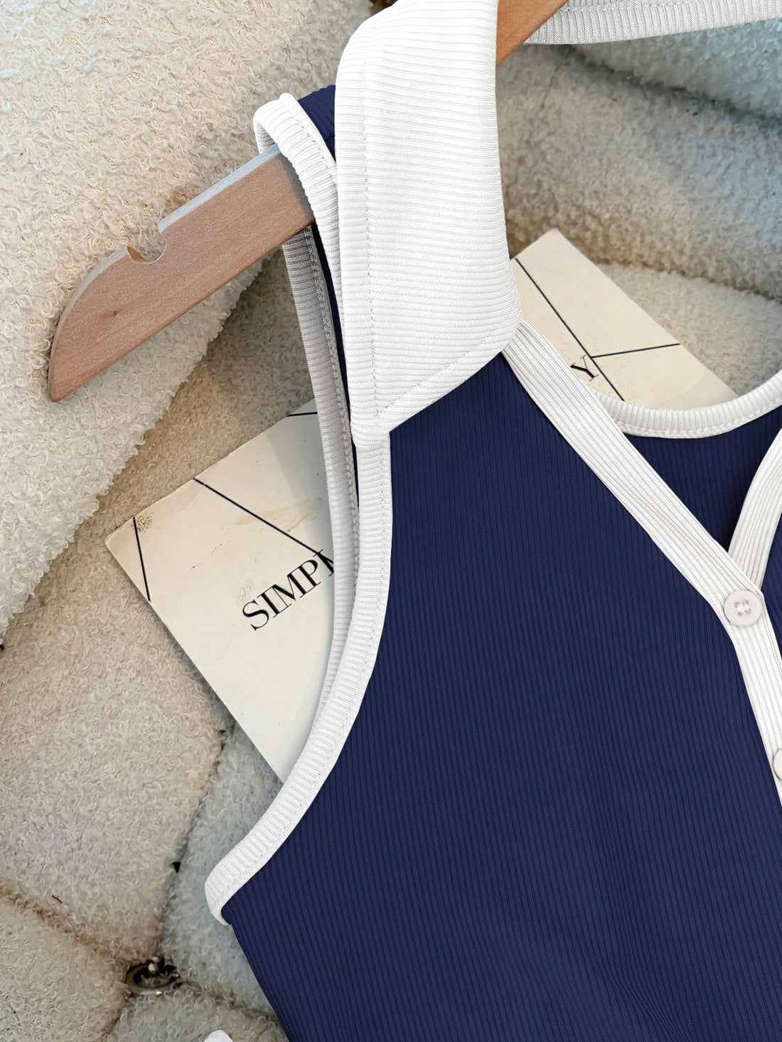 Navy Blue Contrast Collar Ribbed Sleeveless Crop Top