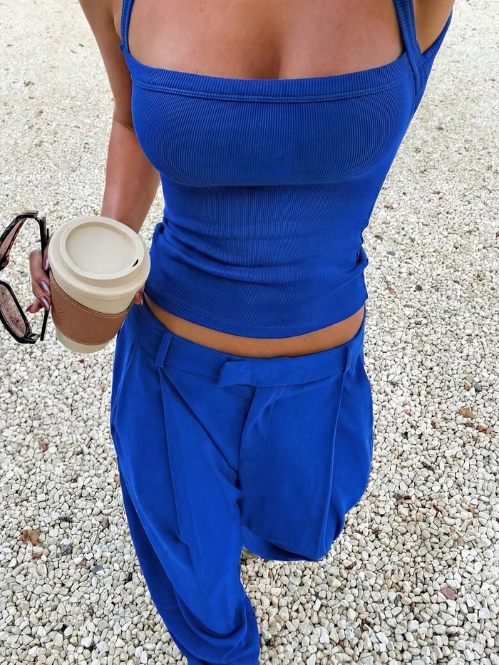 Royal Blue Ribbed Strappy Crop Top with Structured Bust