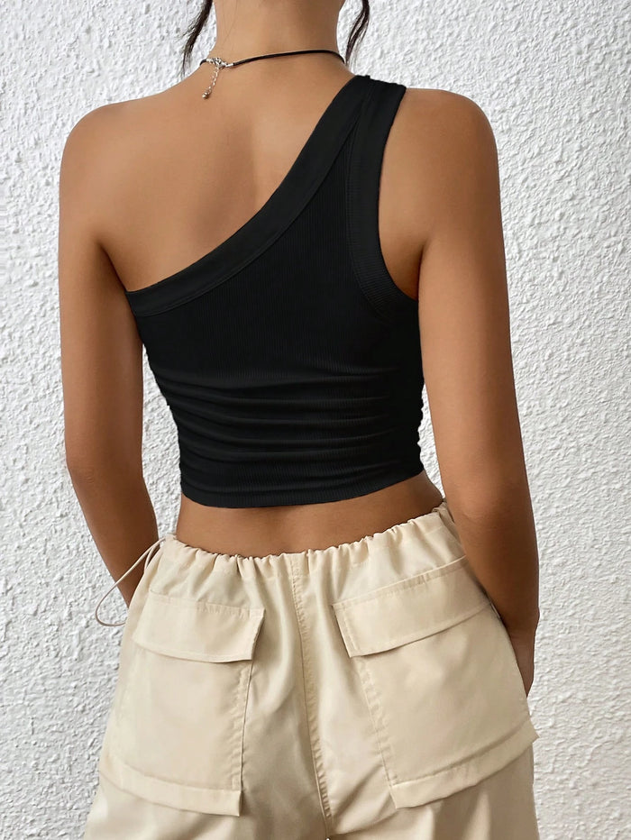 Black One Shoulder Ribbed Crop Top